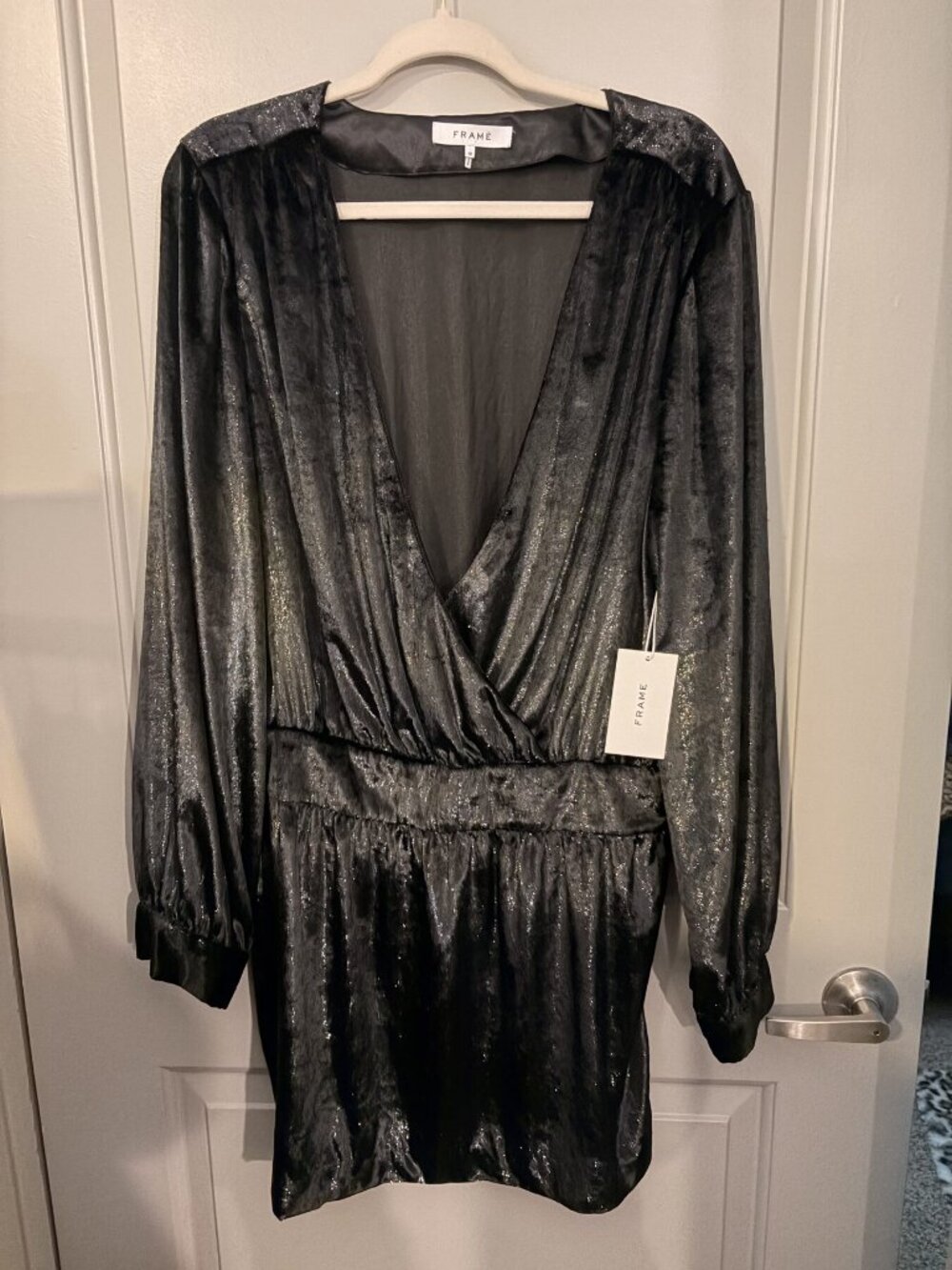 NWT FRAME Noir Black Metallic V Neck Mini Dress Size 12